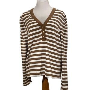 Women's Modern Works Brown & White Striped Long Sleeve Top V‎ Neck Button - XL